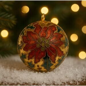 Vintage Cloisonné Enamel Christmas Ornament – Poinsettia, Stars & Moon Gold